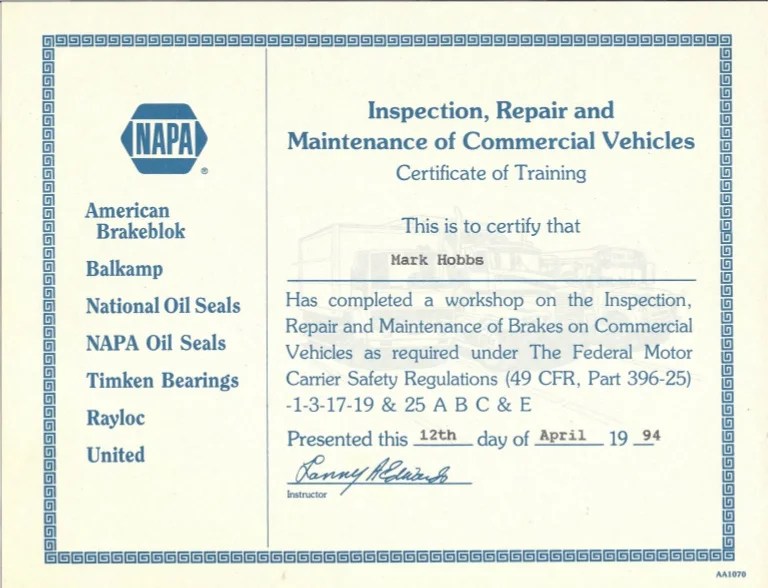 Air brake adjustment certification card