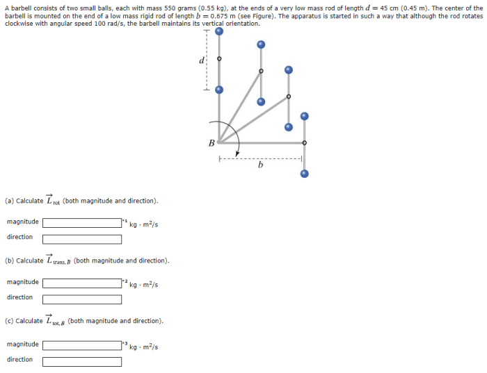 Barbell spins around solved balls two pivot consists center small extra figure problem been has mass each