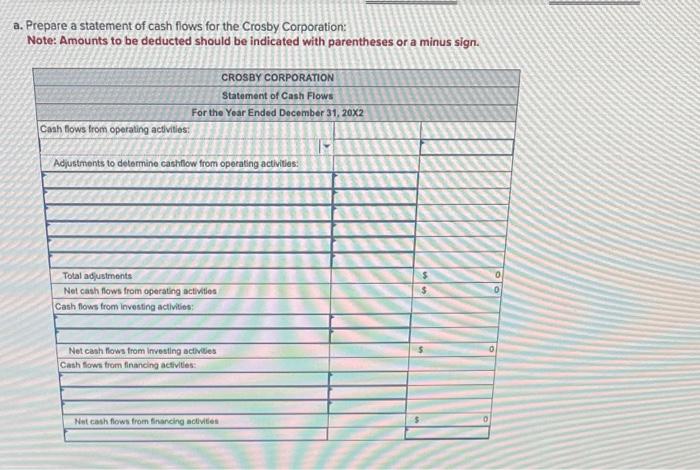 Prepare a statement of cash flows for the crosby corporation