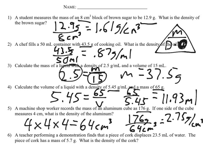 Density practice problem worksheet answers key